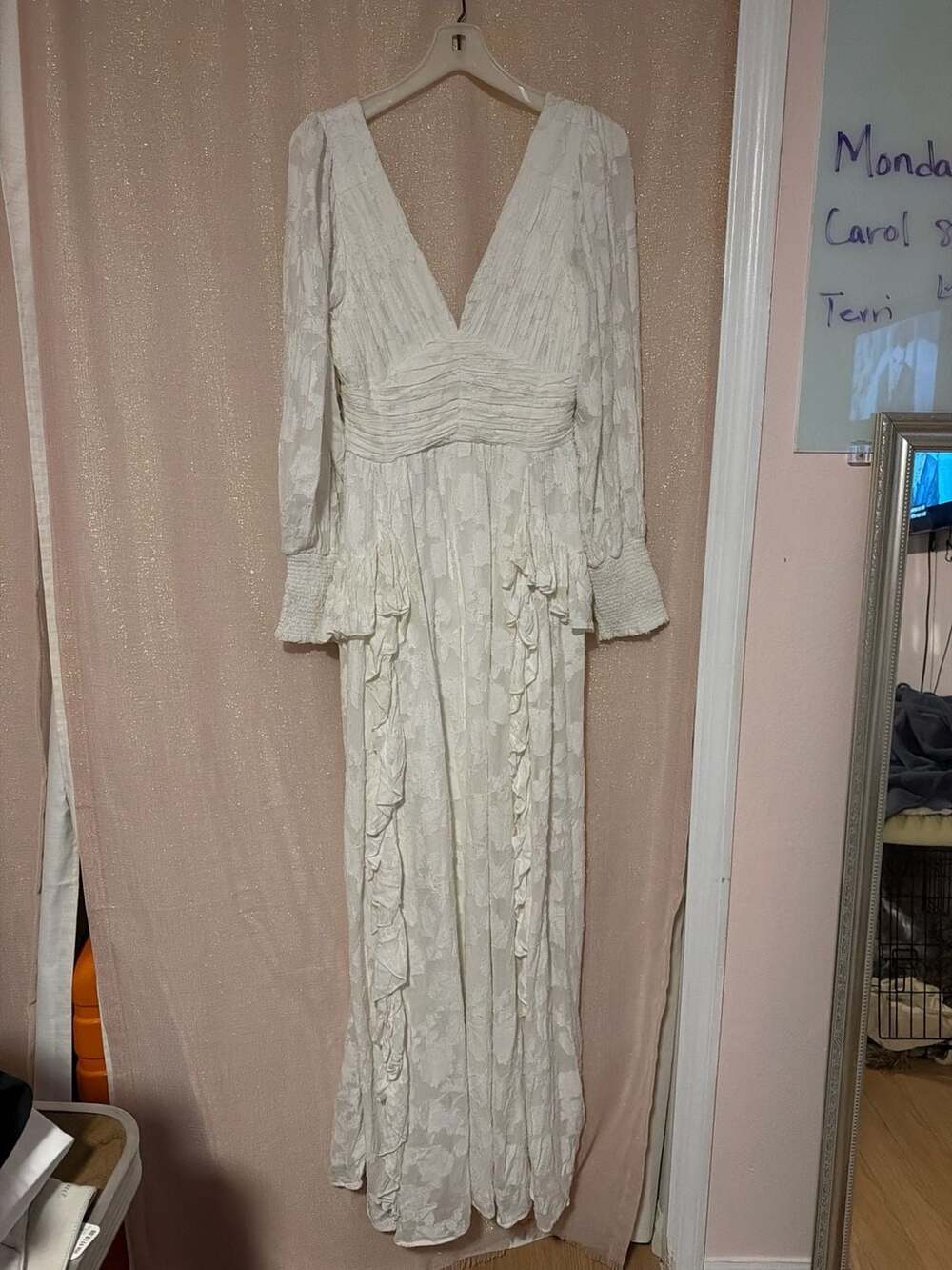 BHLDN Donna Long-Sleeve V-Neck Ruffled Maxi Dress